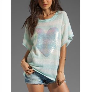 Wildfox short sleeve white label heart knit sweater sequin ice blue striped S